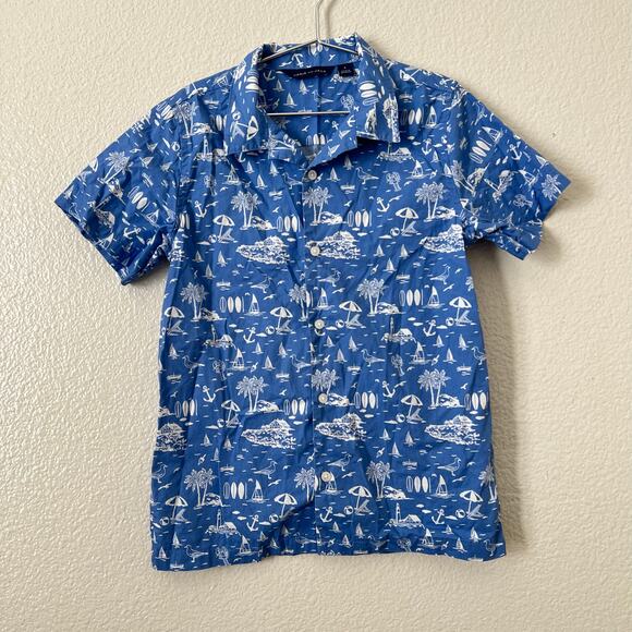 Janie & Jack Button Up Collared Hawaiian Shirt blue white print short sleeve - Picture 1 of 5